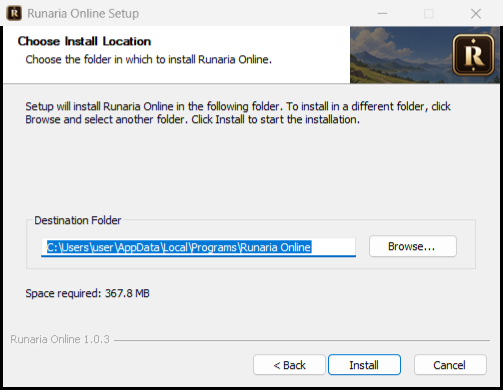 ตัวติดตั้ง หน้าเลือกโฟลเดอร์ที่จะติดตั้ง มีปุ่ม Install